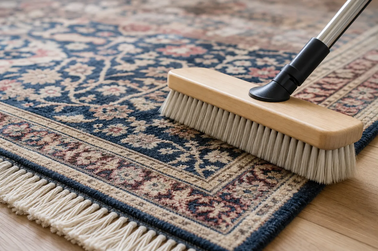 Detail of an area rug's fibers and fringe being gently cleaned