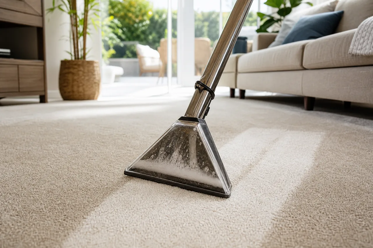 Hot-water extraction wand leaving fresh, clean stripes across plush living-room carpet