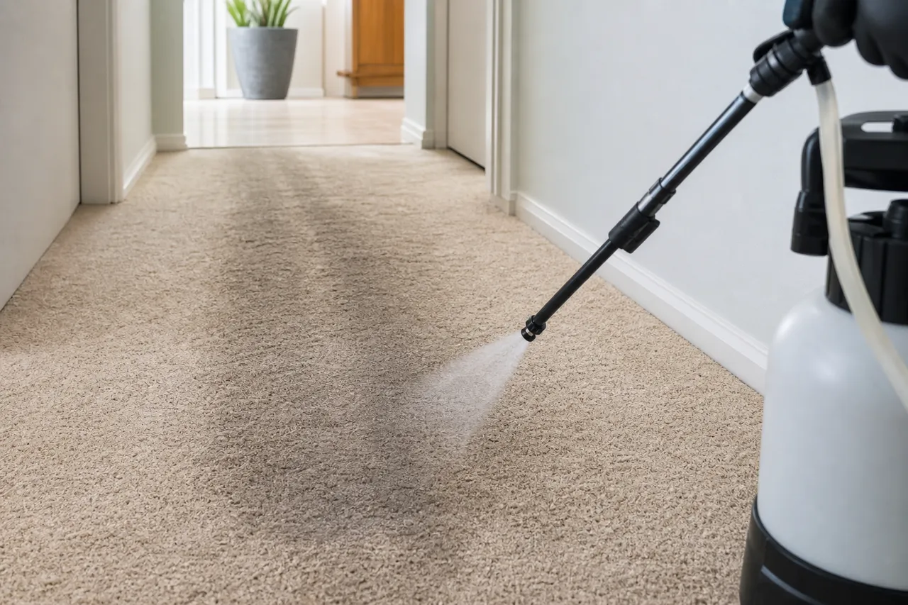 Pre-conditioning solution being sprayed onto carpet before deep cleaning
