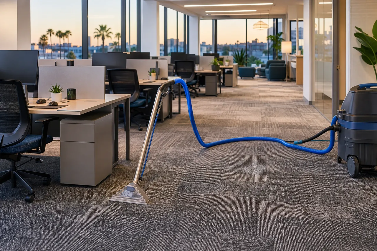 Commercial office carpet being cleaned between rows of desks after hours