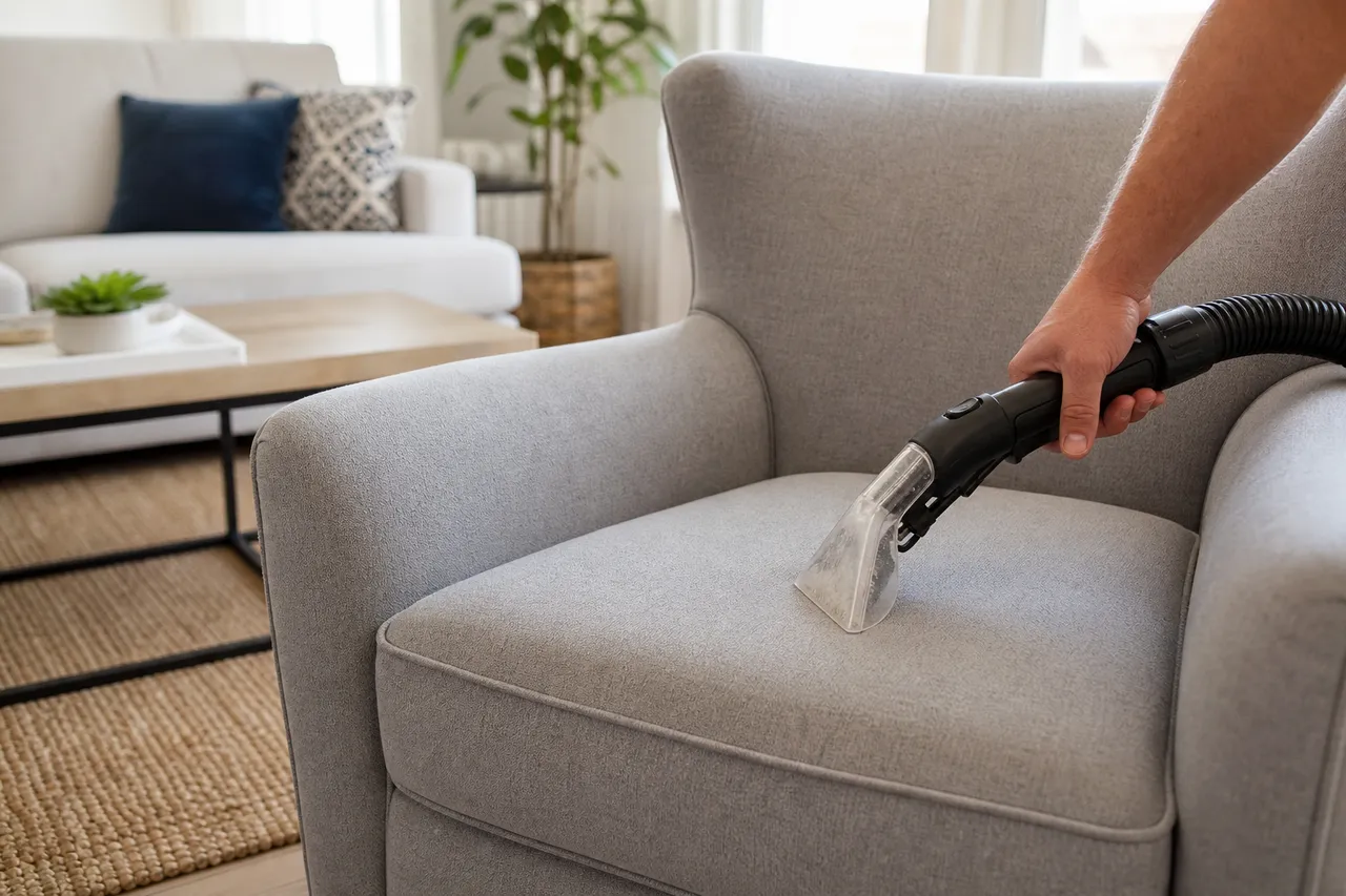 Upholstery cleaning tool refreshing the seat cushion of a fabric armchair