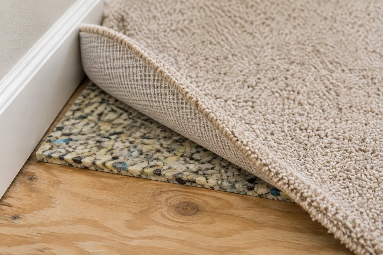 Corner of carpet lifted to show the padding underneath