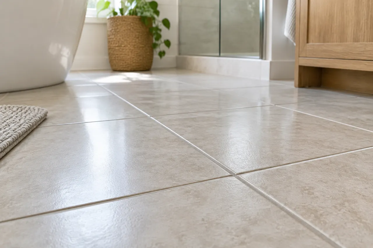 Close view of tile flooring and grout lines in a bright bathroom