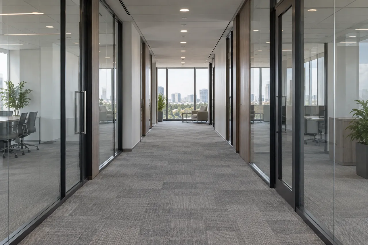 Empty modern office corridor with commercial carpet tile