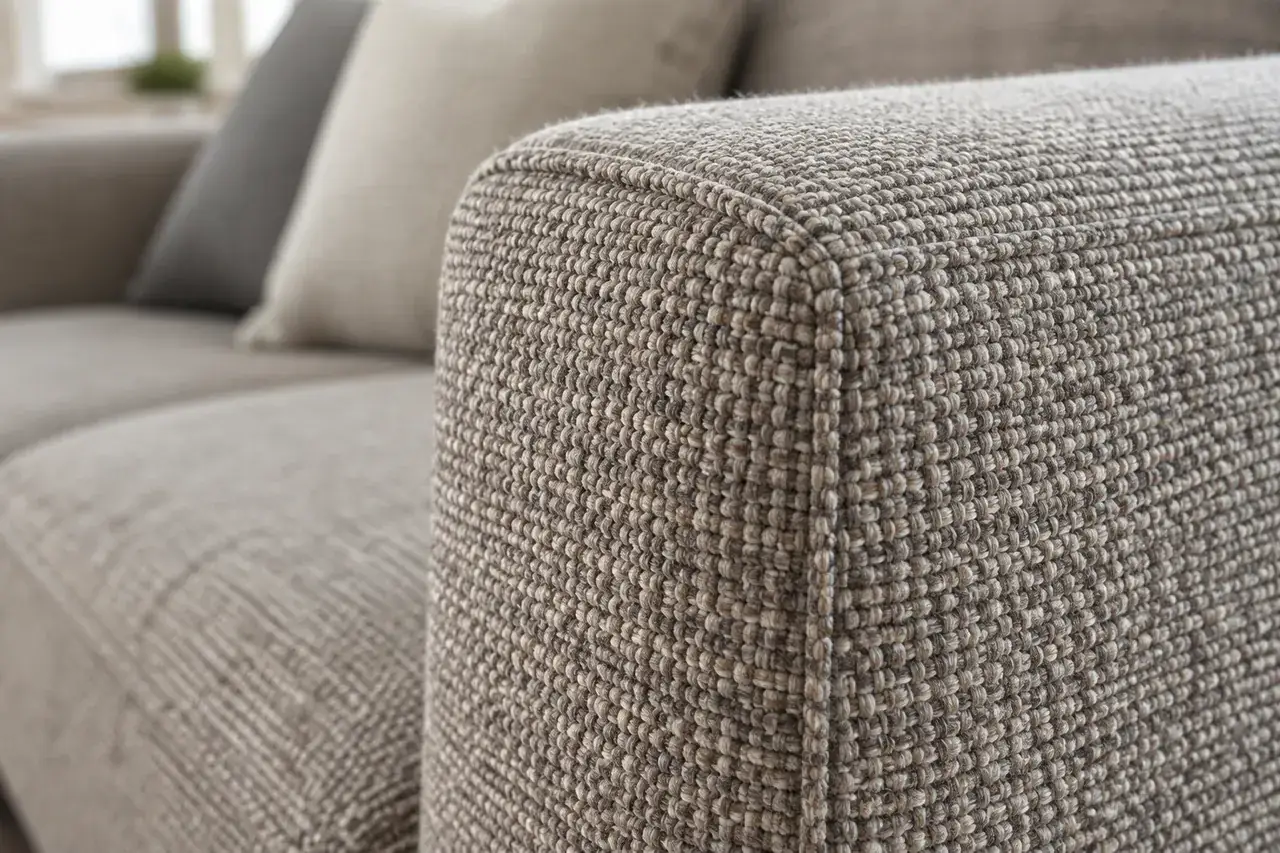 Close view of the woven fabric texture on a sofa arm