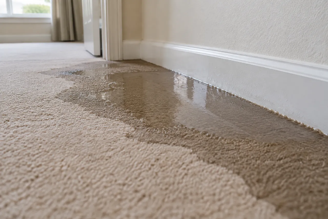 Water pooling on light carpet near a baseboard