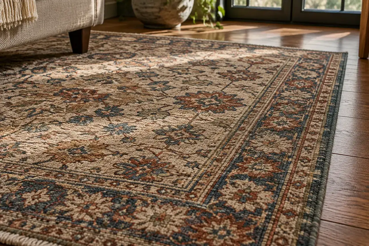 Close texture of a patterned wool area rug over a wood floor